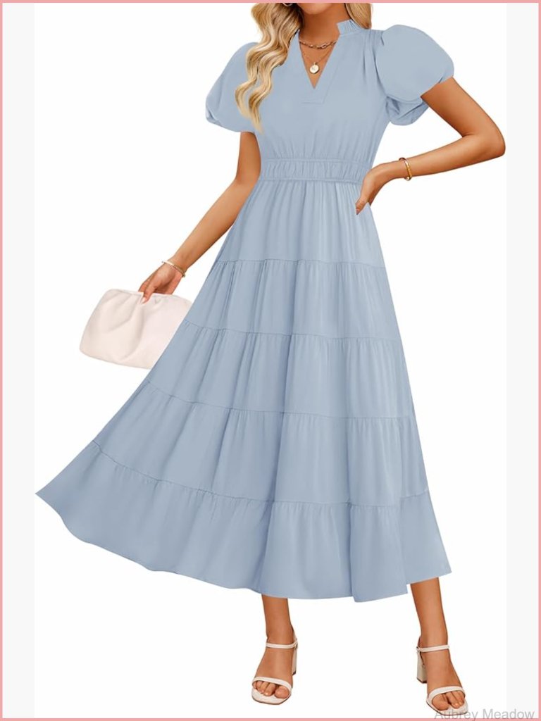 Puff Sleeve V Neck Ruffle Tiered Flowy Maxi Dress Boho Beach